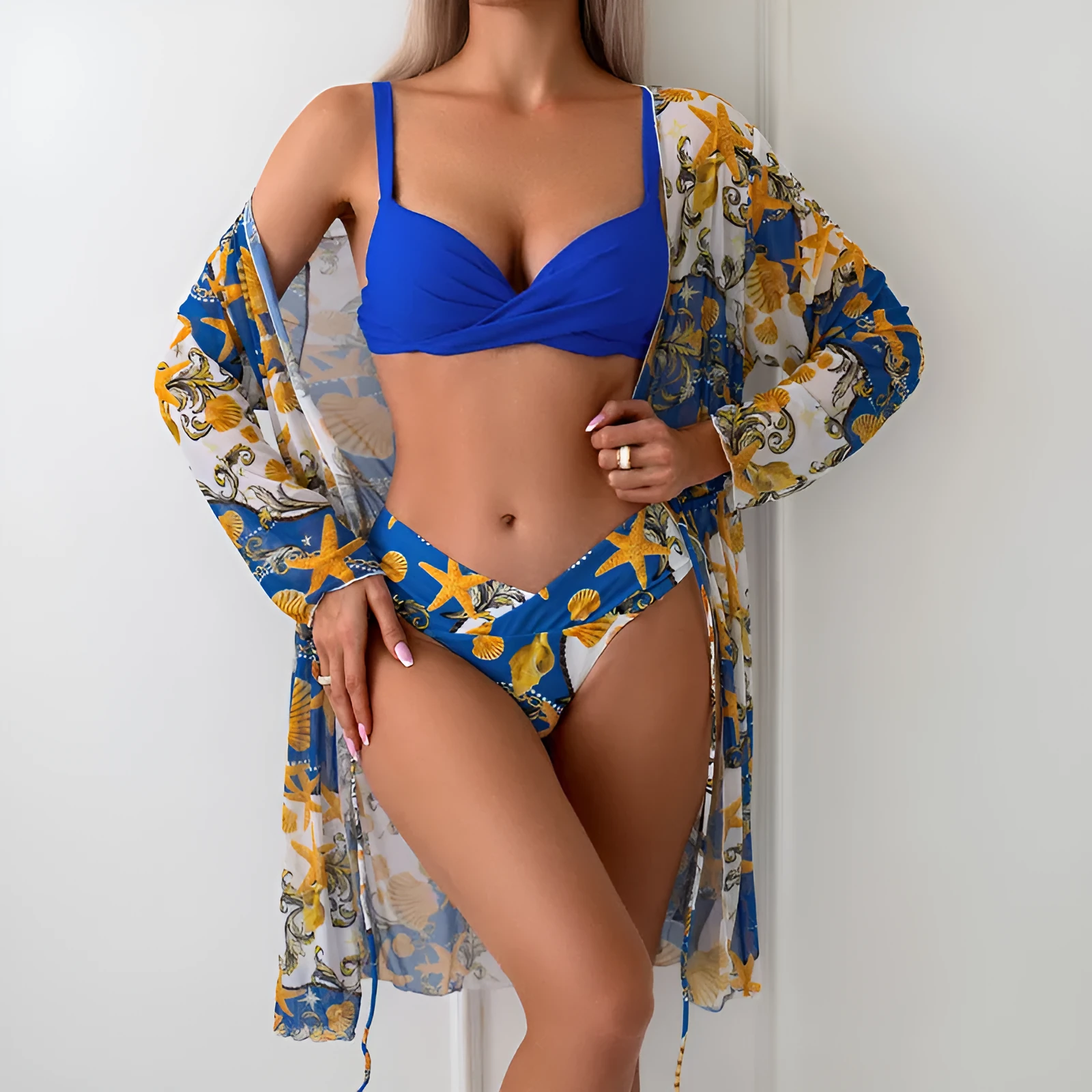 Women's three-piece hard bag bikini set with long sleeve blouse in green leaf print polyester
