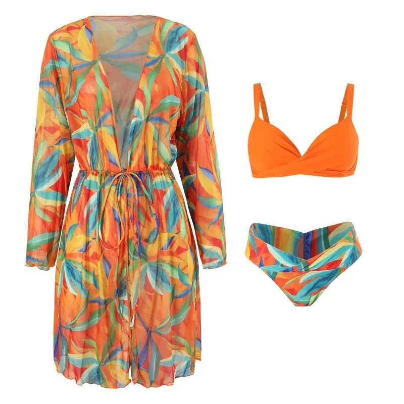 Women's three-piece hard bag bikini set with long sleeve blouse in green leaf print polyester