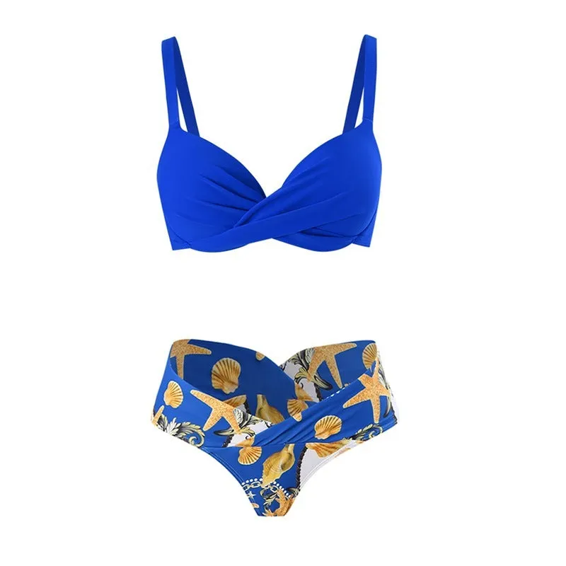 Women's three-piece hard bag bikini set with long sleeve blouse in green leaf print polyester
