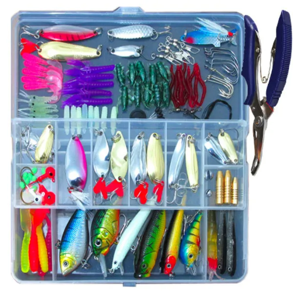 132-piece fishing lure set with soft baits, high carbon steel hooks, and rose red treasure colour lures in storage case
