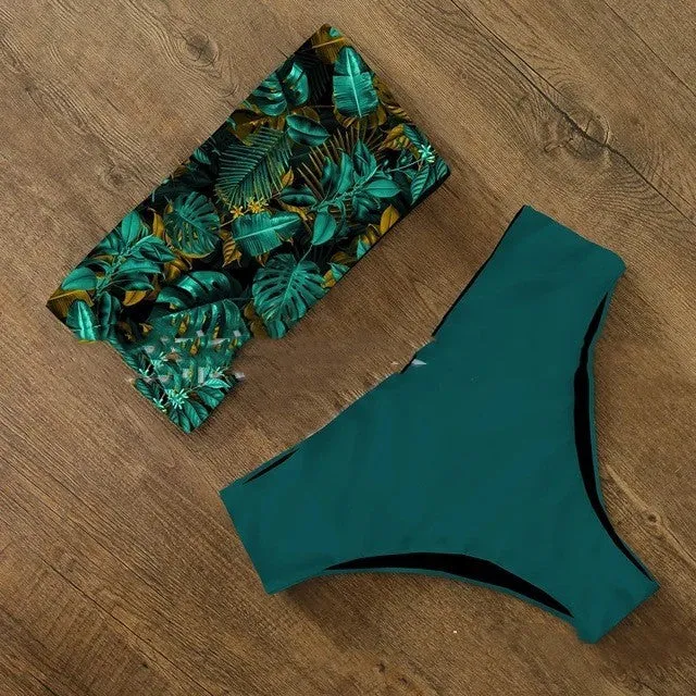 Women's sexy split flat bikini set floral pattern nylon swimwear