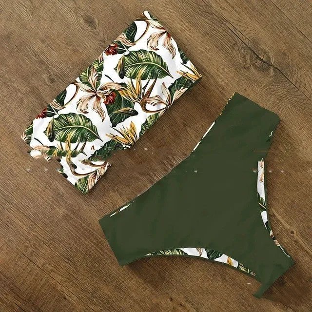 Women's sexy split flat bikini set floral pattern nylon swimwear