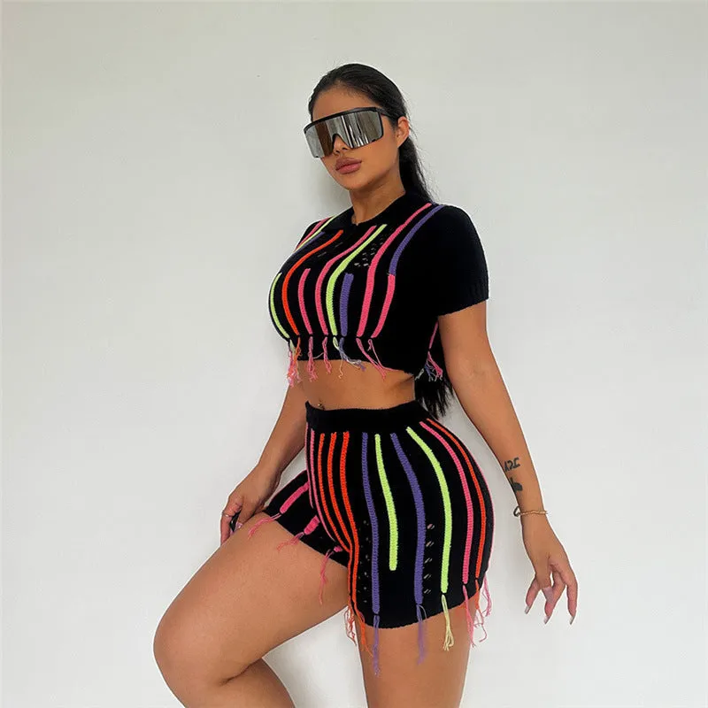 High waist sheath slim fit suit set for women in black sleeveless top and shorts with quarter sleeves
