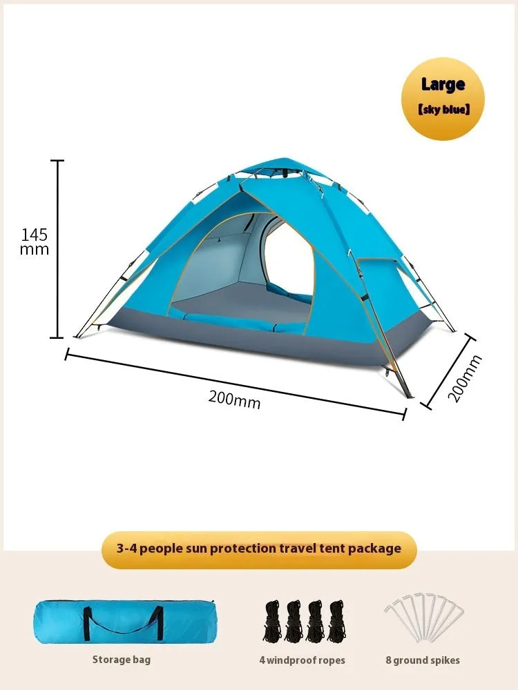 Milky white double-layer Oxford cloth camping tent for 3-4 people with pyramid shape and automatic telescopic rod bracket