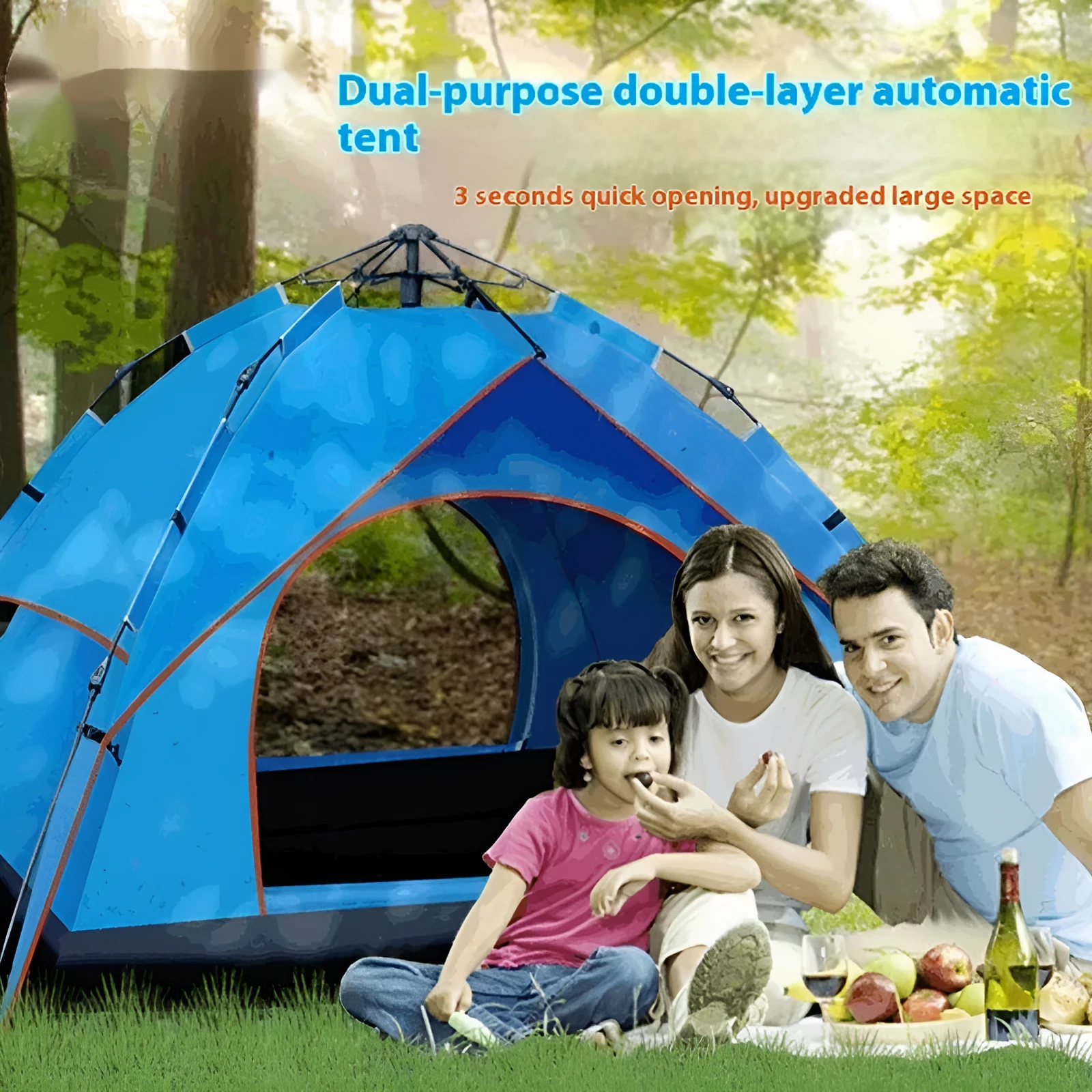Milky white double-layer Oxford cloth camping tent for 3-4 people with pyramid shape and automatic telescopic rod bracket
