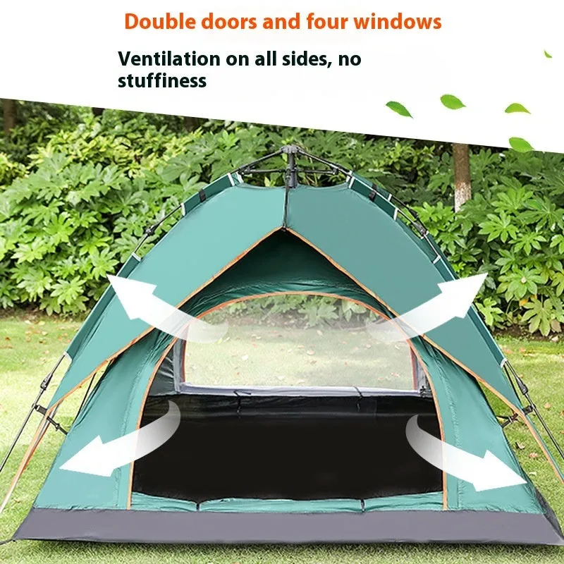 Milky white double-layer Oxford cloth camping tent for 3-4 people with pyramid shape and automatic telescopic rod bracket