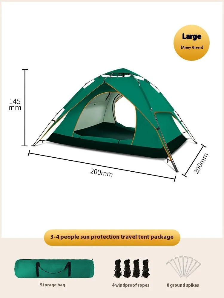 Milky white double-layer Oxford cloth camping tent for 3-4 people with pyramid shape and automatic telescopic rod bracket