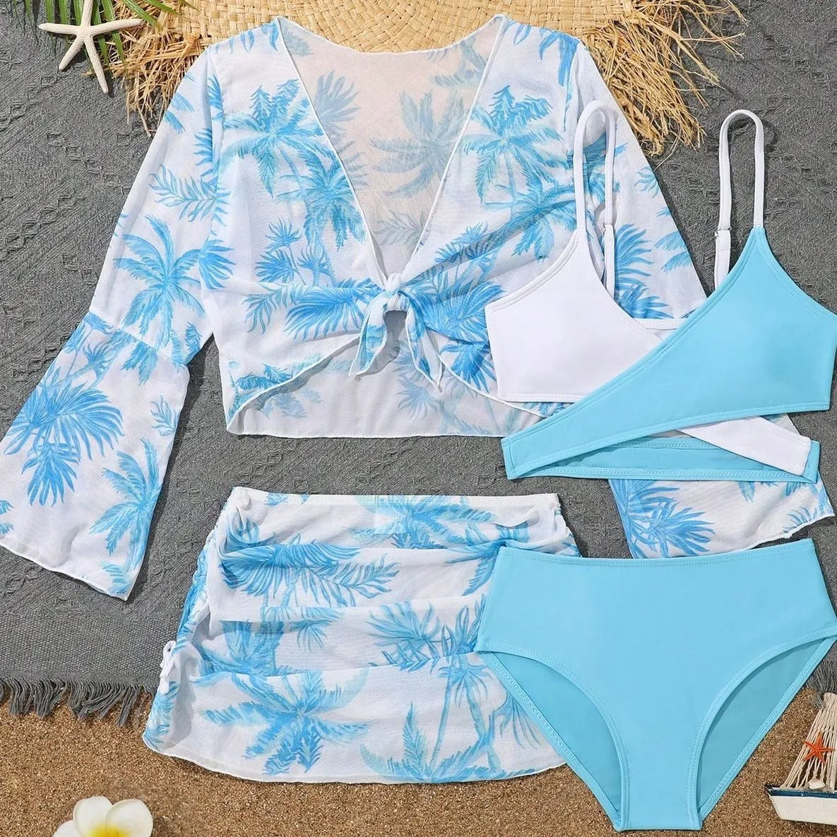 Children's 4-piece high waist split bikini swimsuit in striped and floral patterns, polyester quick-drying fabric, sizes 130-160