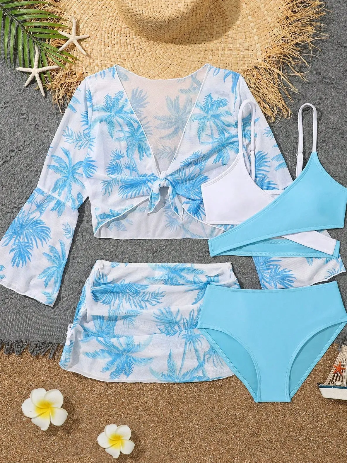 Children's 4-piece high waist split bikini swimsuit in striped and floral patterns, polyester quick-drying fabric, sizes 130-160