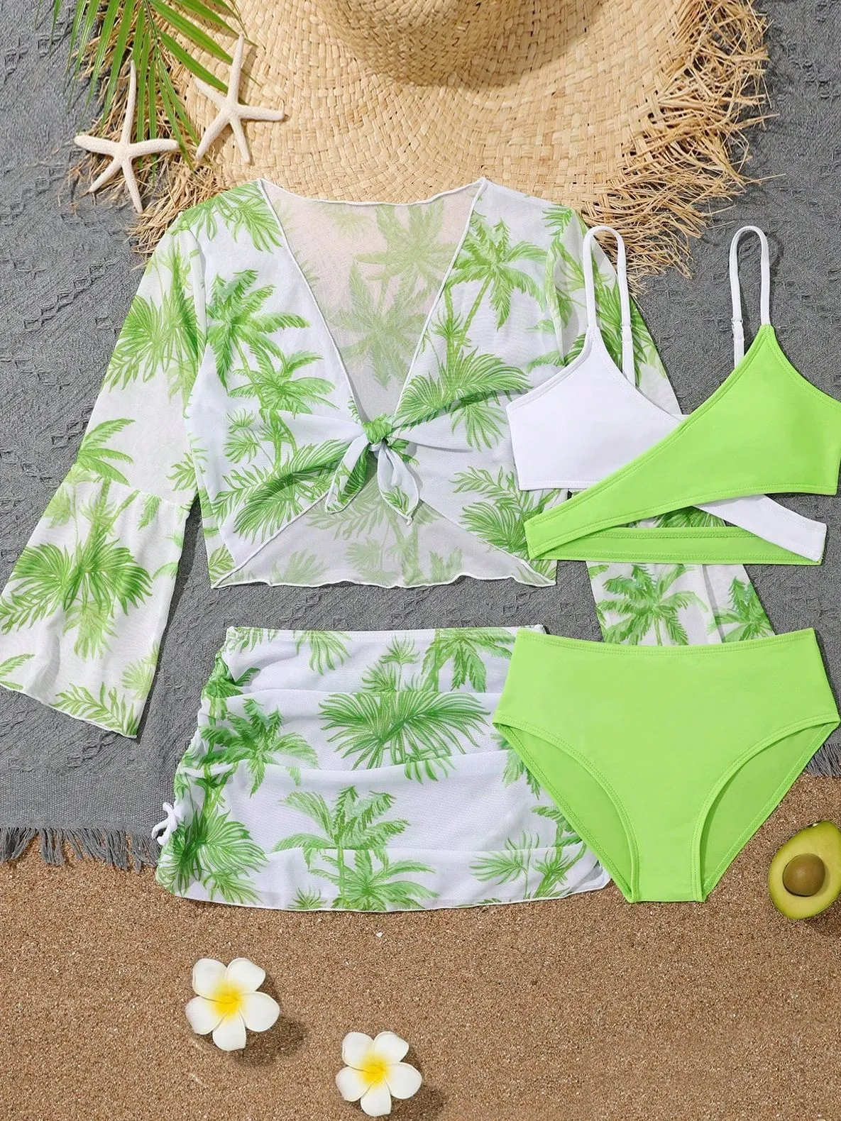 Children's 4-piece high waist split bikini swimsuit in striped and floral patterns, polyester quick-drying fabric, sizes 130-160