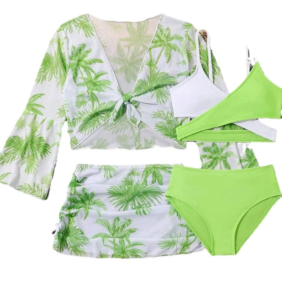 Children's 4-piece high waist split bikini swimsuit in striped and floral patterns, polyester quick-drying fabric, sizes 130-160
