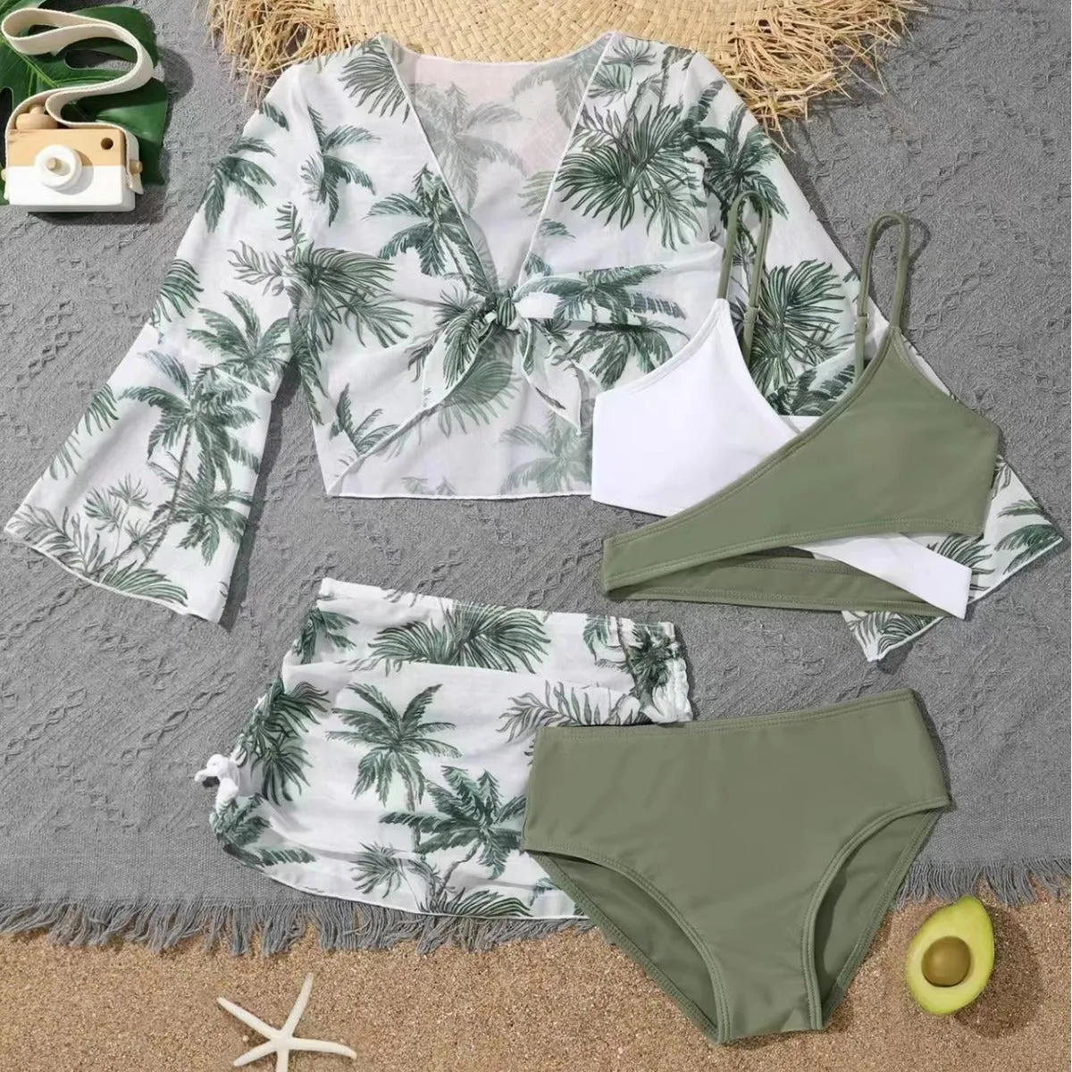 Children's 4-piece high waist split bikini swimsuit in striped and floral patterns, polyester quick-drying fabric, sizes 130-160