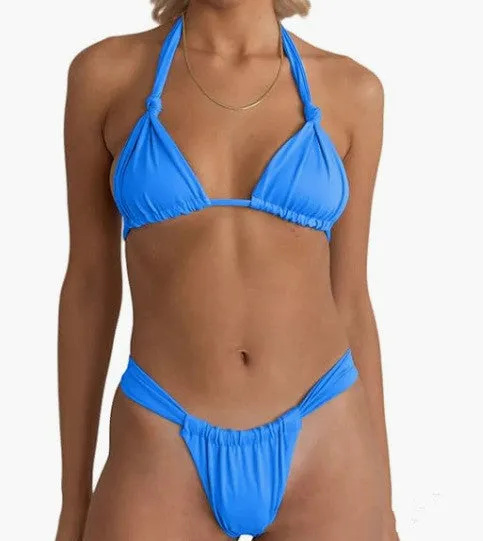 Women's pink bikini with a knotted front and pleated split strap design.