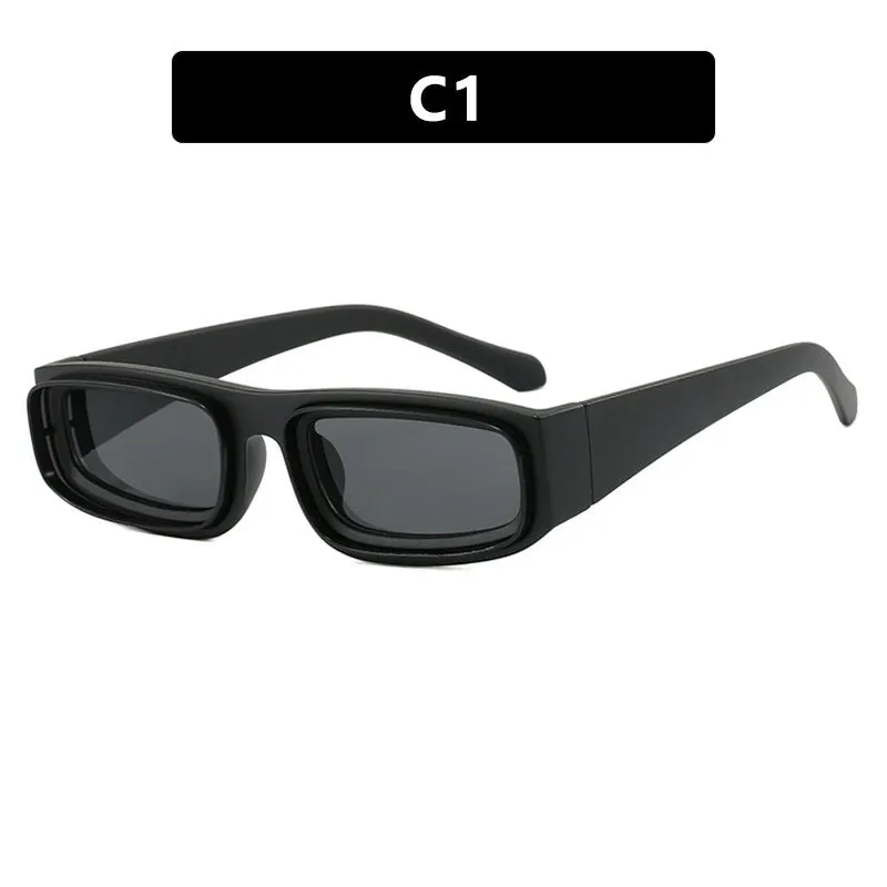 Double circle narrow frame square sun glasses in black with gray lens, retro punk street style design