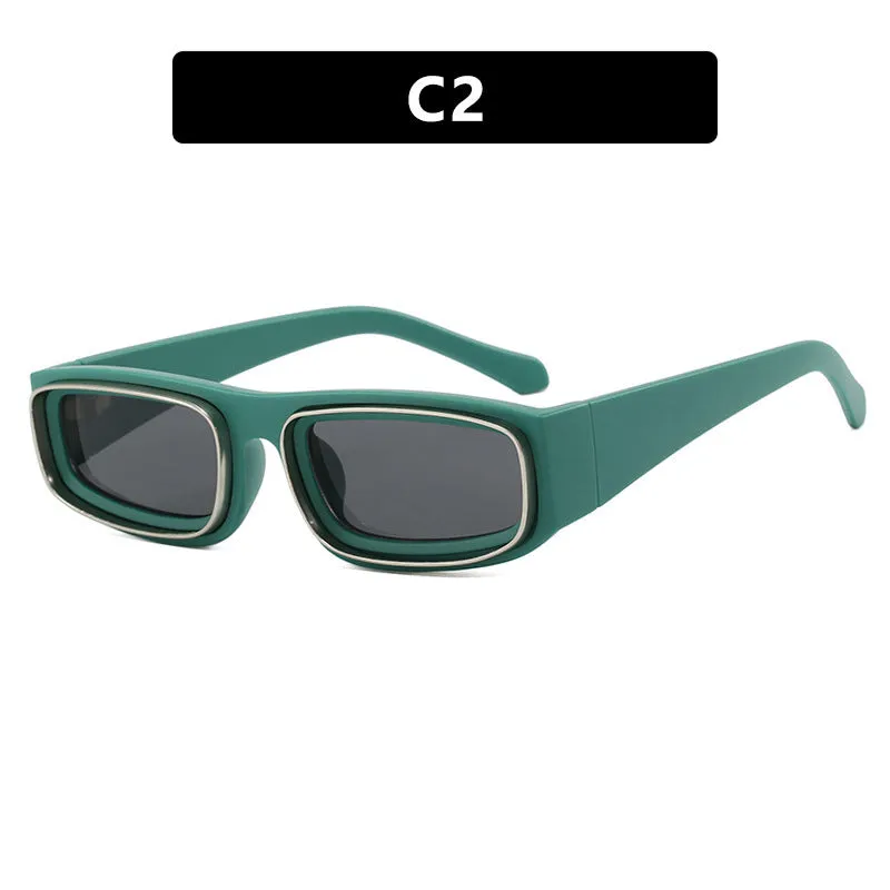 Double circle narrow frame square sun glasses in black with gray lens, retro punk street style design