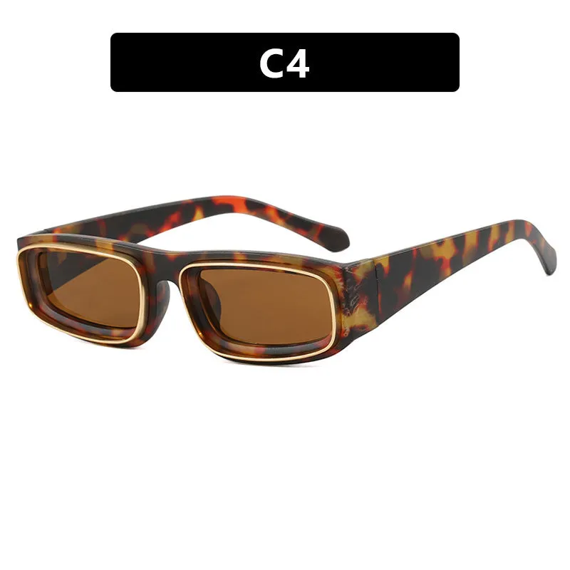 Double circle narrow frame square sun glasses in black with gray lens, retro punk street style design