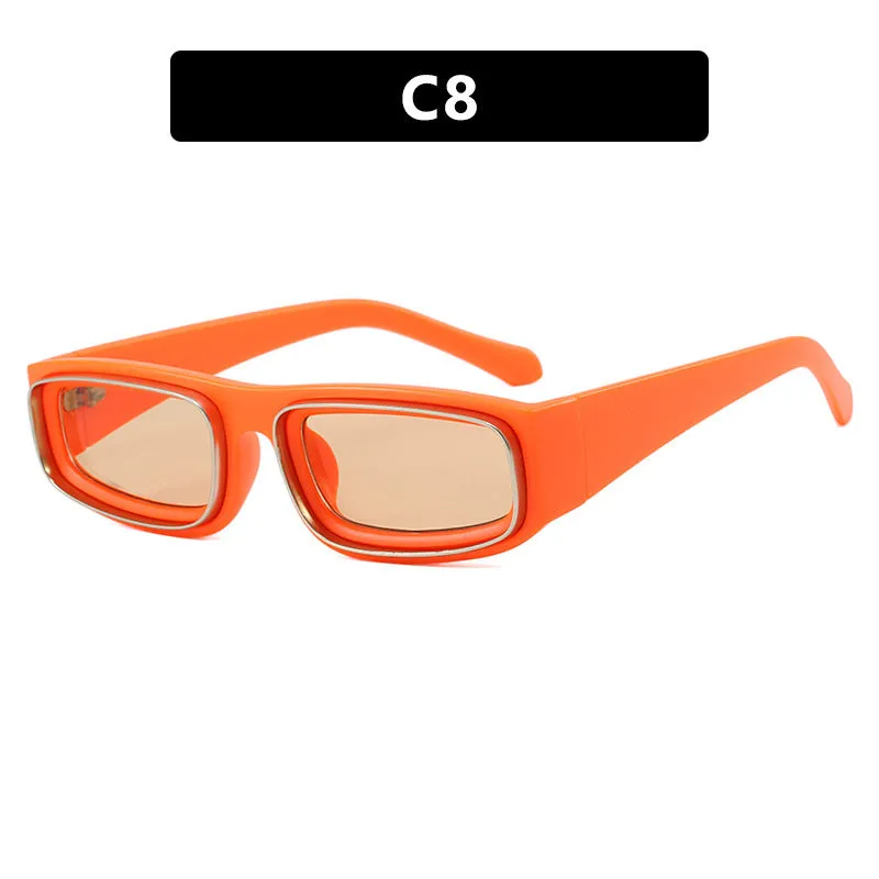 Double circle narrow frame square sun glasses in black with gray lens, retro punk street style design