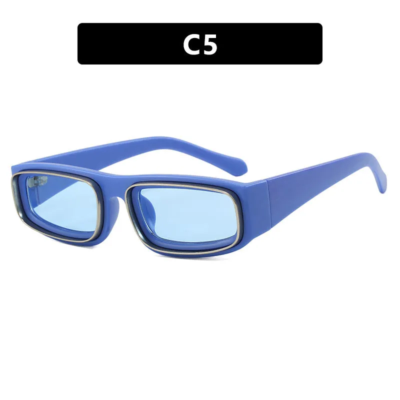 Double circle narrow frame square sun glasses in black with gray lens, retro punk street style design