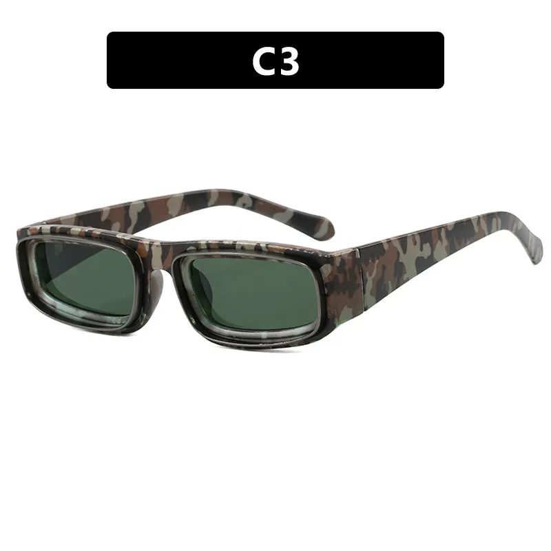 Double circle narrow frame square sun glasses in black with gray lens, retro punk street style design