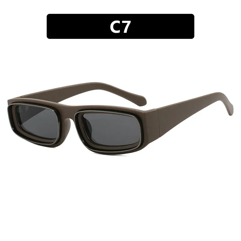 Double circle narrow frame square sun glasses in black with gray lens, retro punk street style design