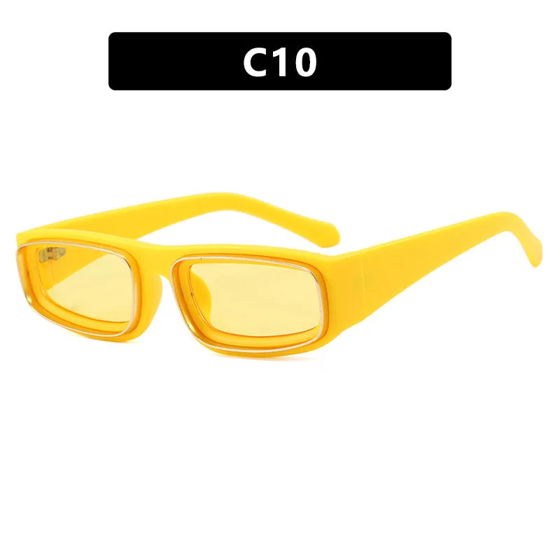 Double circle narrow frame square sun glasses in black with gray lens, retro punk street style design