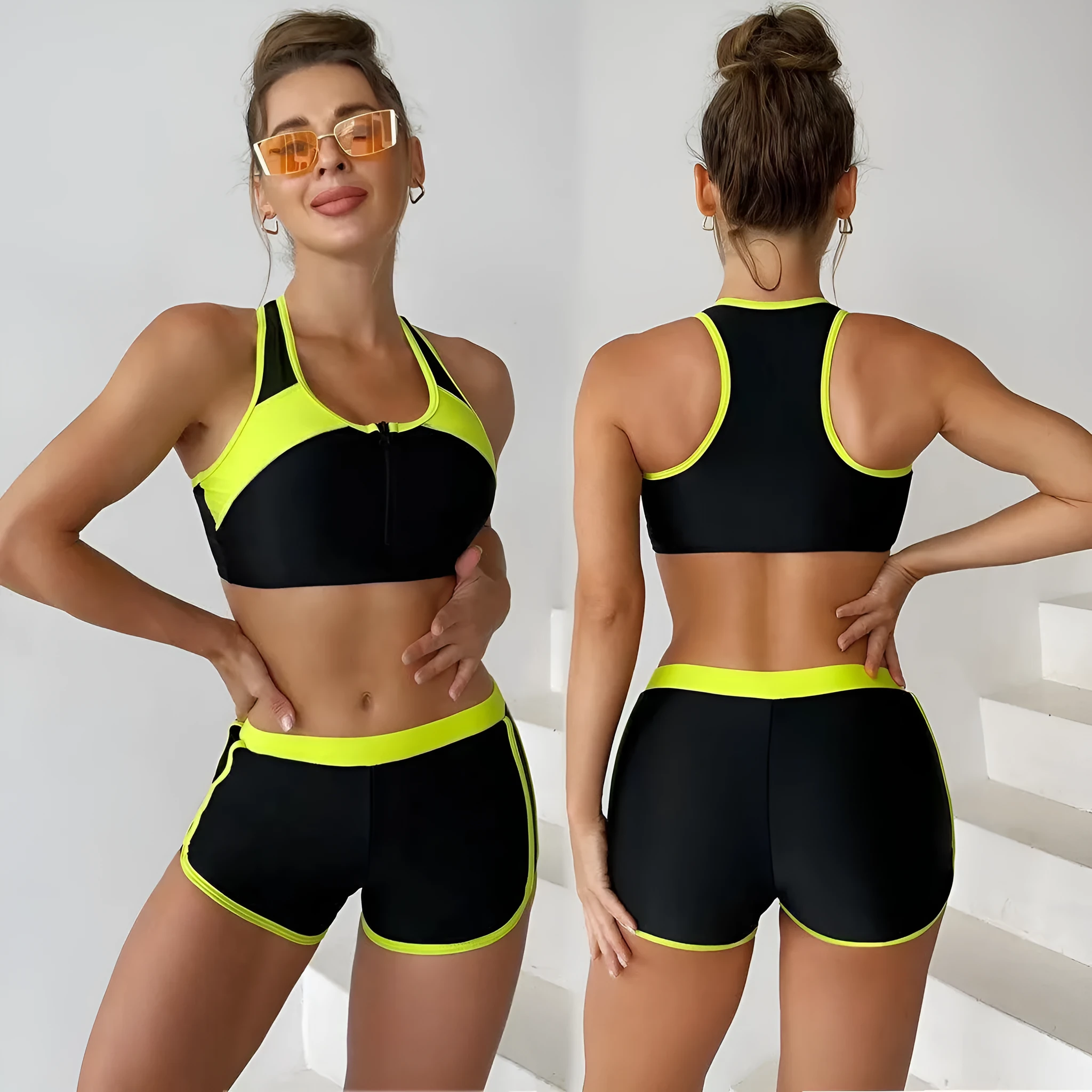 Matching Front Chest Zipper Sports Racing Foreign Trade Swimsuit Women Polyester Briefs Floral Sexy Swimwear Lake Blue Red Sapphire Blue White Yellow S M L XL 2XL