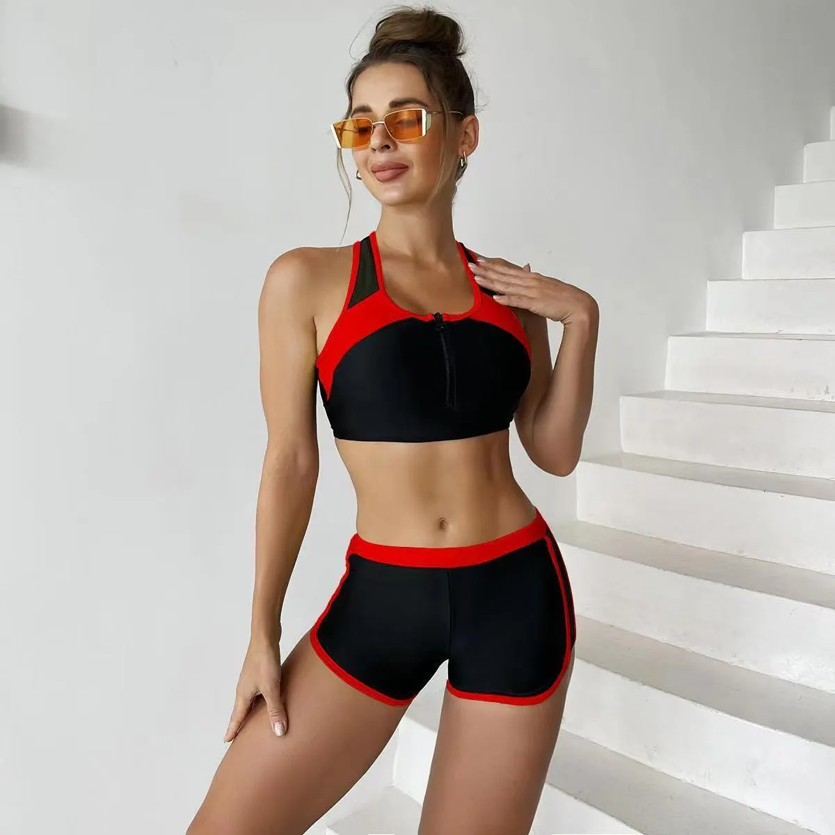 Matching Front Chest Zipper Sports Racing Foreign Trade Swimsuit Women Polyester Briefs Floral Sexy Swimwear Lake Blue Red Sapphire Blue White Yellow S M L XL 2XL