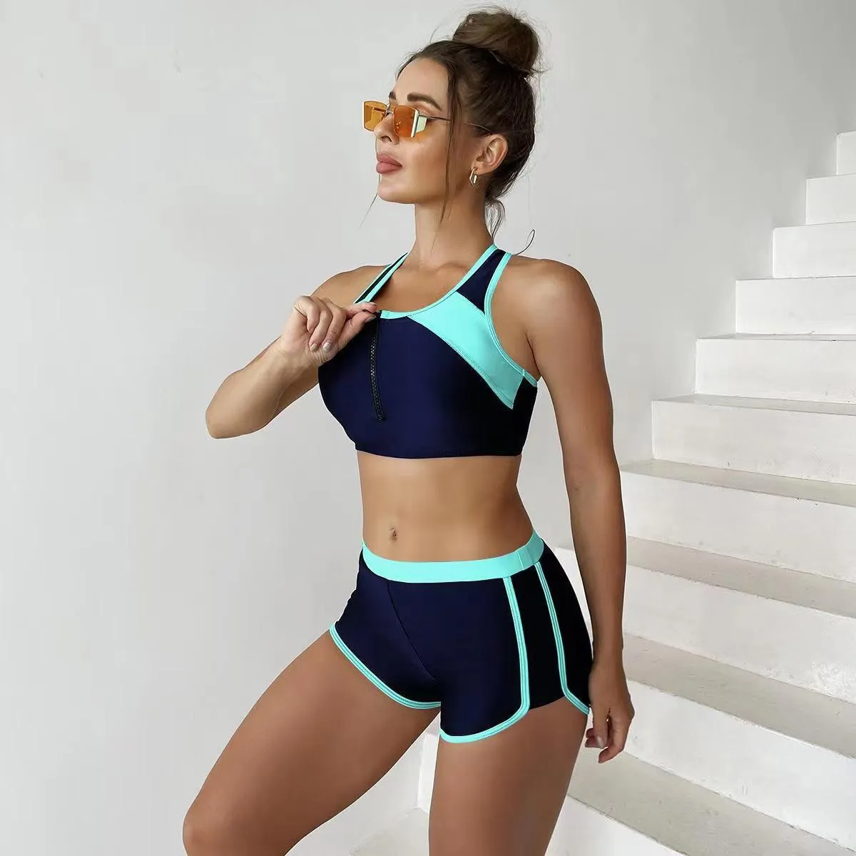 Matching Front Chest Zipper Sports Racing Foreign Trade Swimsuit Women Polyester Briefs Floral Sexy Swimwear Lake Blue Red Sapphire Blue White Yellow S M L XL 2XL