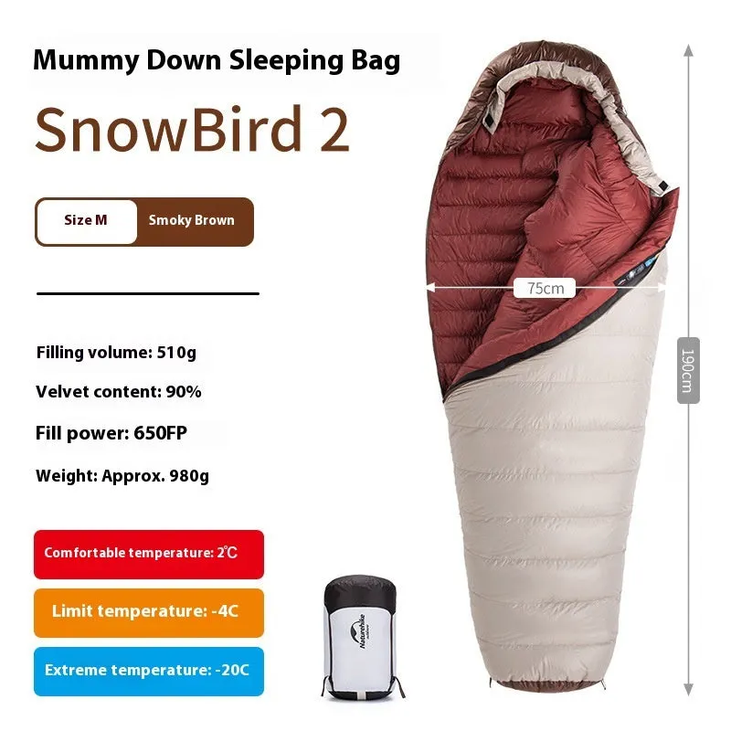 Goose down mummy sleeping bag for adults with storage bag, shown in multiple size and weight options.