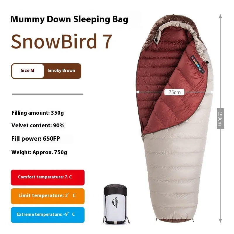 Goose down mummy sleeping bag for adults with storage bag, shown in multiple size and weight options.