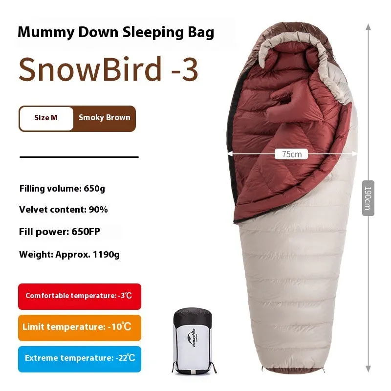 Goose down mummy sleeping bag for adults with storage bag, shown in multiple size and weight options.