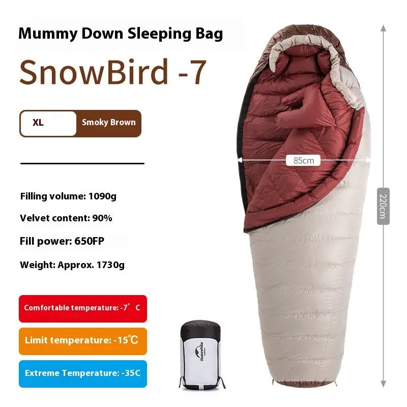 Goose down mummy sleeping bag for adults with storage bag, shown in multiple size and weight options.