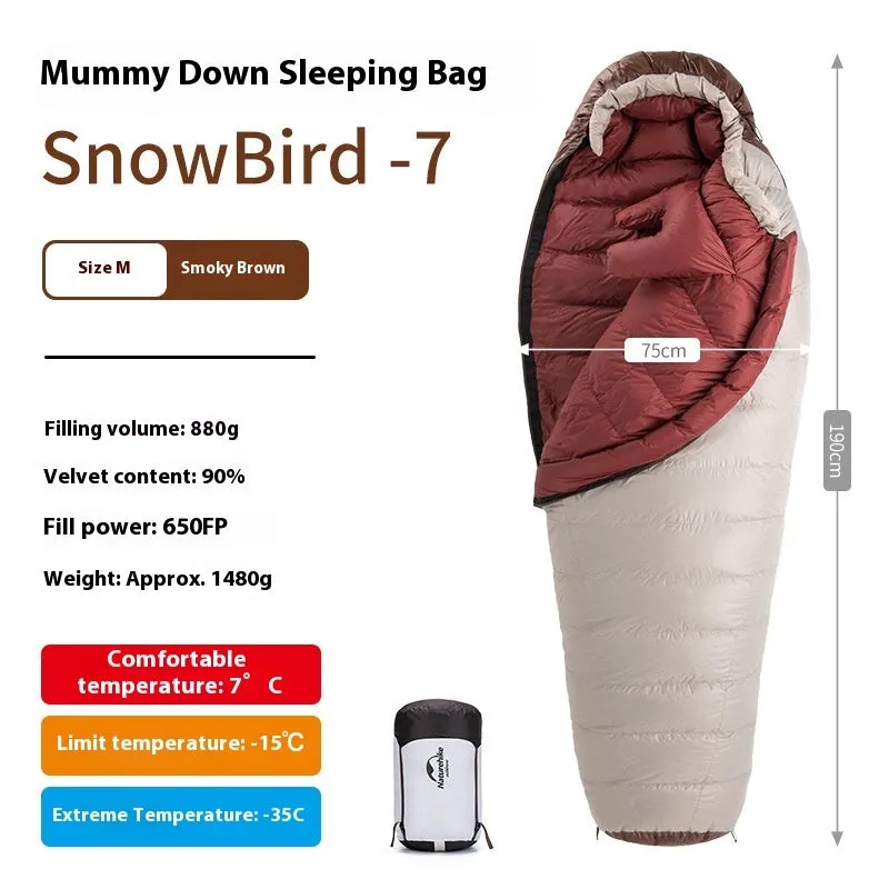 Goose down mummy sleeping bag for adults with storage bag, shown in multiple size and weight options.