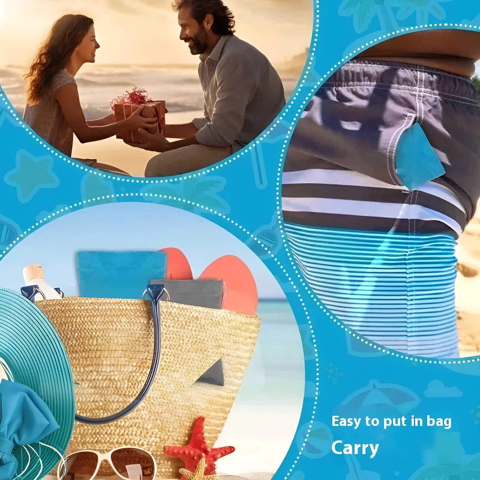 Reusable beach sand remover towel made of coral fleece in blue colour showing size 14x12cm
