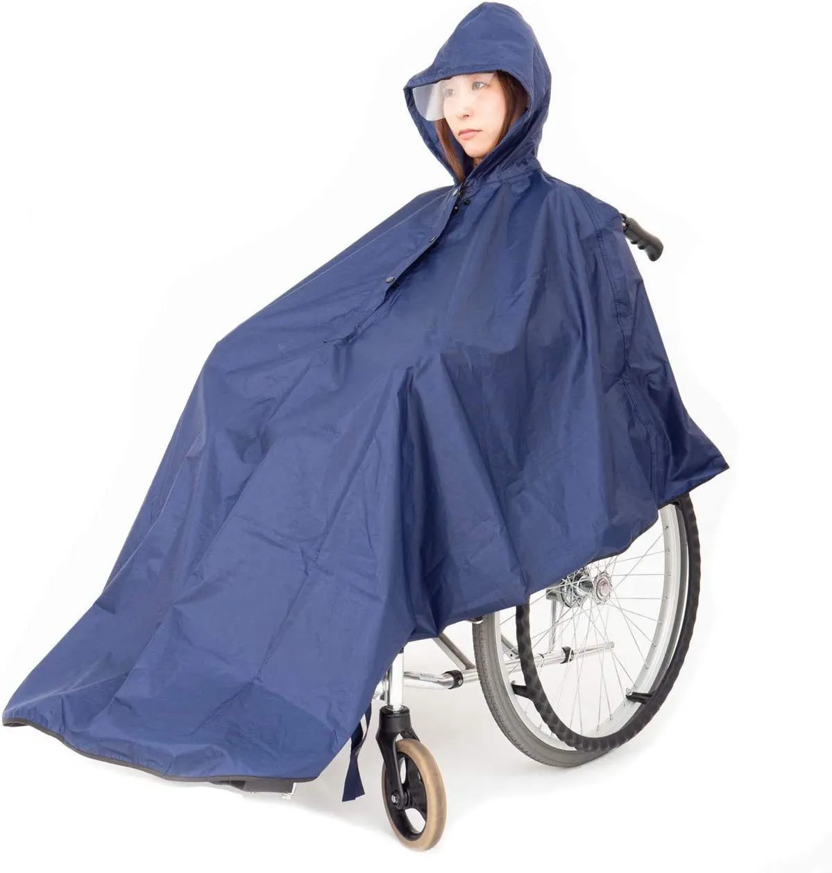 Navy blue waterproof reflective wheelchair raincoat with hat brim, free size cape style