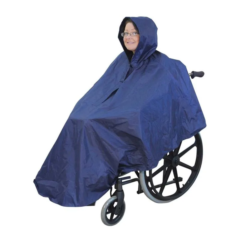 Navy blue waterproof reflective wheelchair raincoat with hat brim, free size cape style