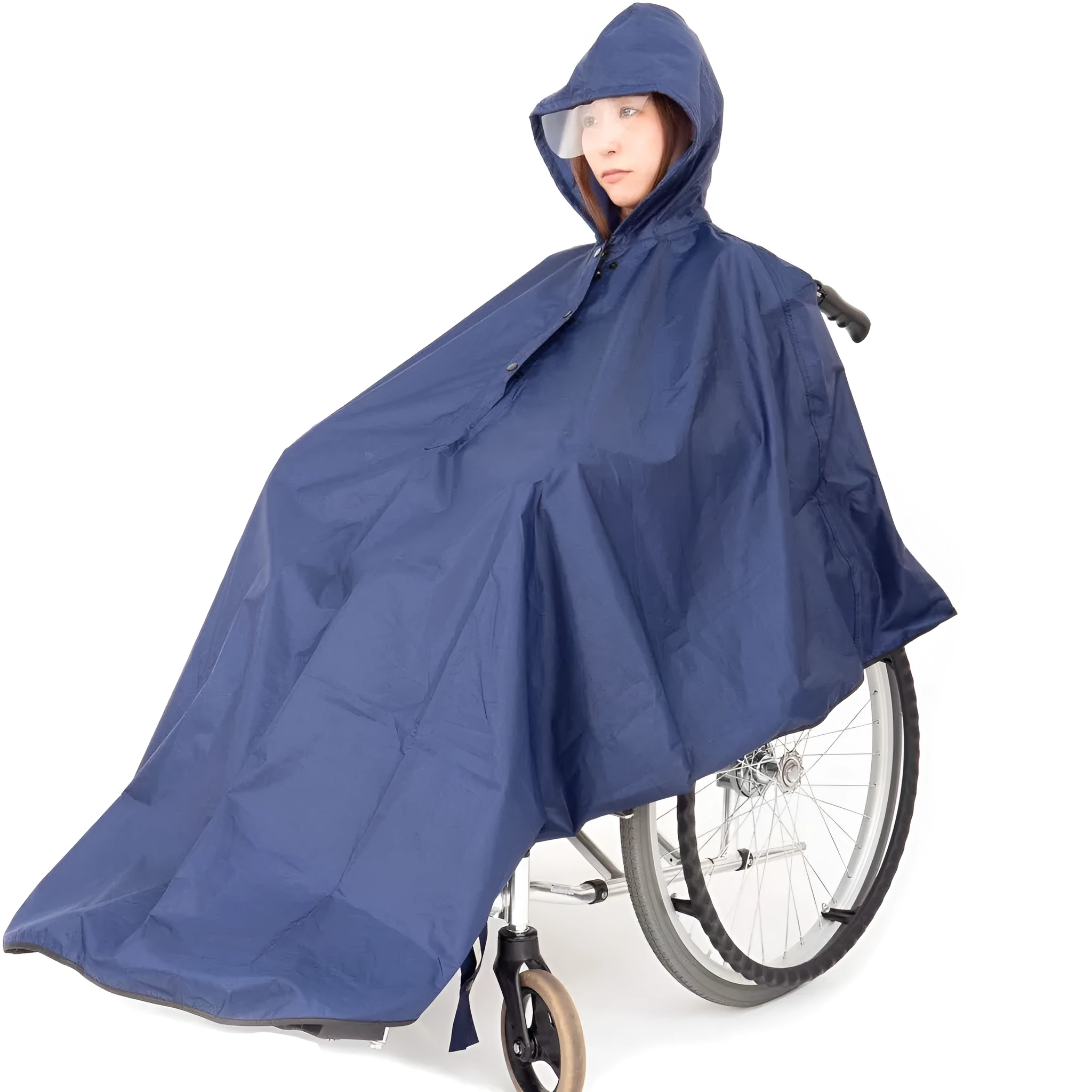 Navy blue waterproof reflective wheelchair raincoat with hat brim, free size cape style