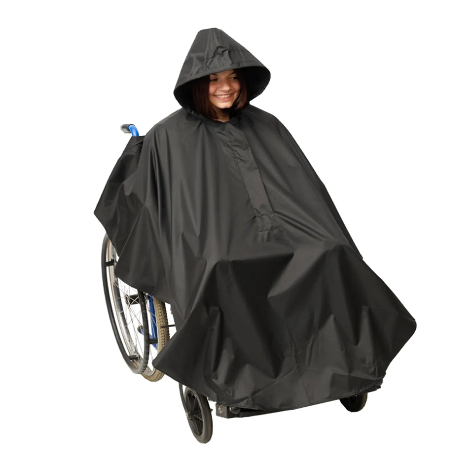 Navy blue waterproof reflective wheelchair raincoat with hat brim, free size cape style