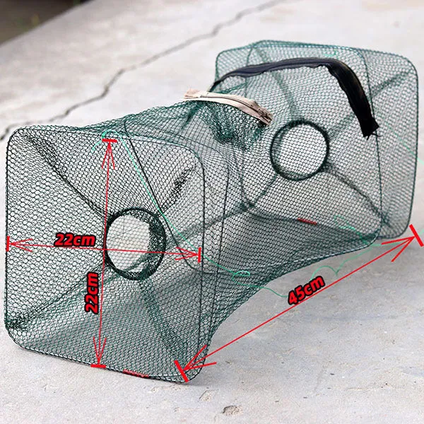 Two-hole folding nylon lobster basket with red plastic pipe structure for lobster catching