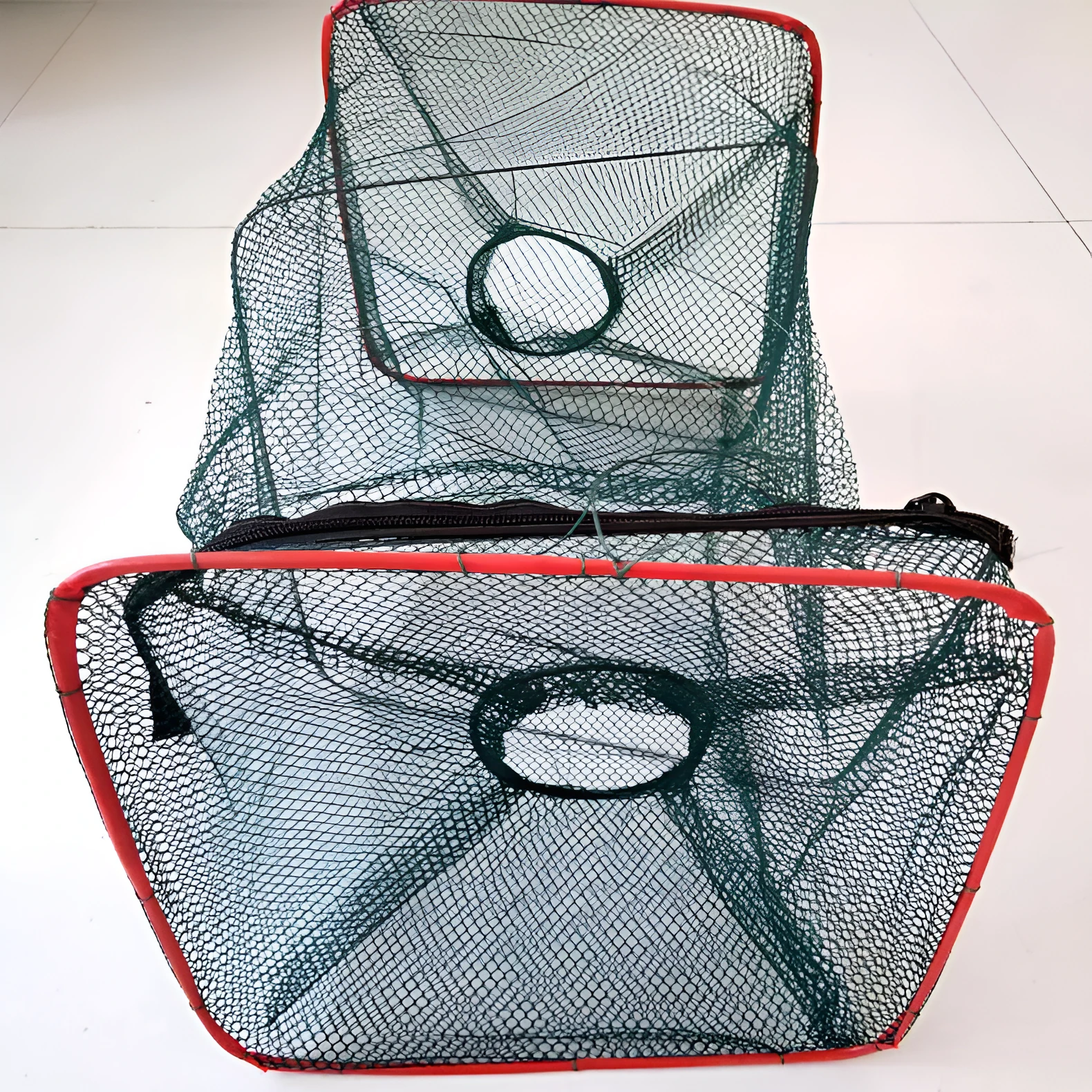 Two-hole folding nylon lobster basket with red plastic pipe structure for lobster catching