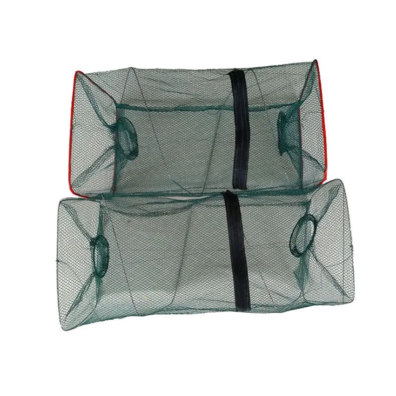 Two-hole folding nylon lobster basket with red plastic pipe structure for lobster catching