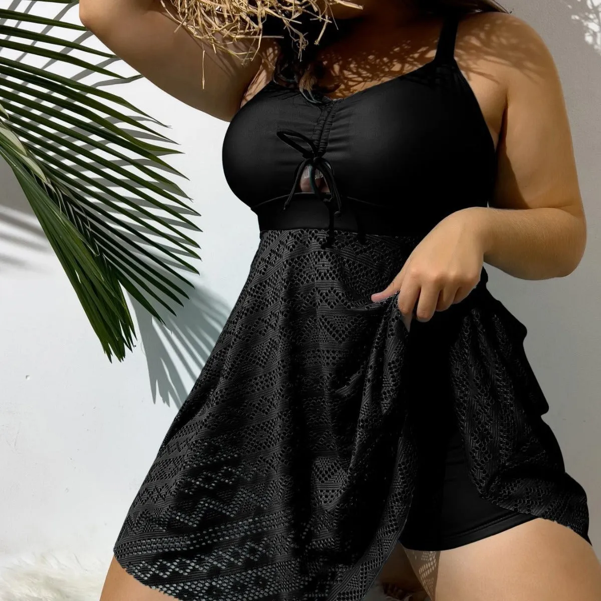 Sling backless tulle skirt plus size two piece swimsuit set in solid colour with polyester and spandex lining
