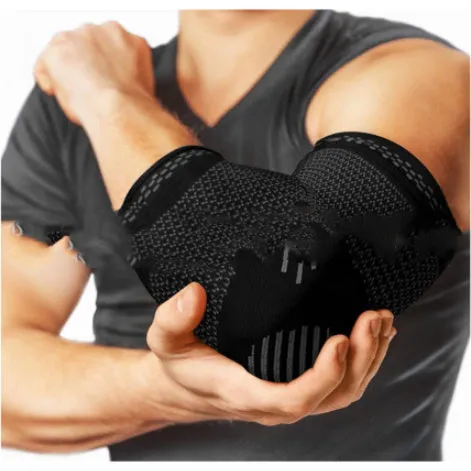 Sports elbow guard in nylon jacquard with adjustable fit, available in black, gray, and green sizes S to XL