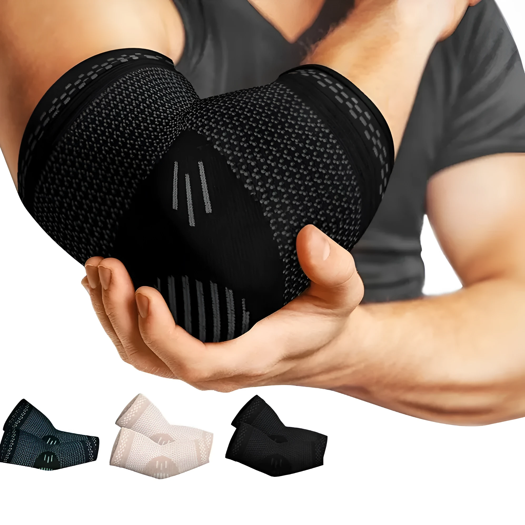 Sports elbow guard in nylon jacquard with adjustable fit, available in black, gray, and green sizes S to XL