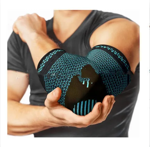 Sports elbow guard in nylon jacquard with adjustable fit, available in black, gray, and green sizes S to XL