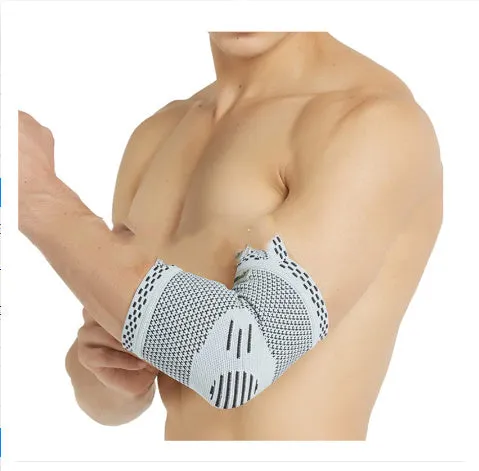 Sports elbow guard in nylon jacquard with adjustable fit, available in black, gray, and green sizes S to XL