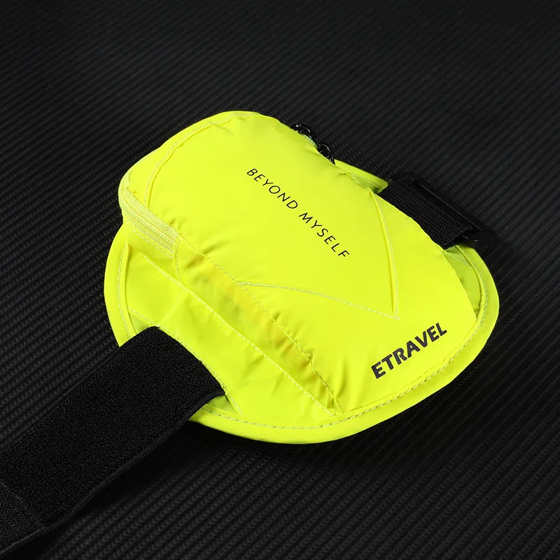 Lightweight reflective running arm bag in black, showing the strap and 7-inch capacity pocket.