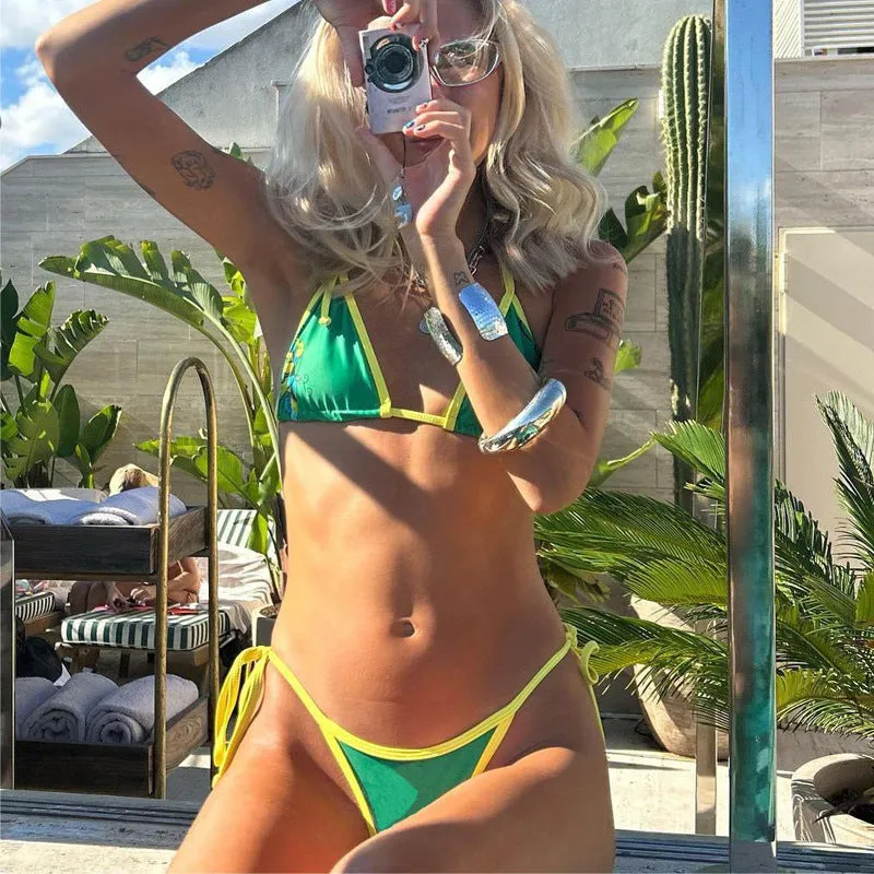 Green solid colour split bikini set on model, polyester fibre fabric, brief style bottoms, summer swimwear