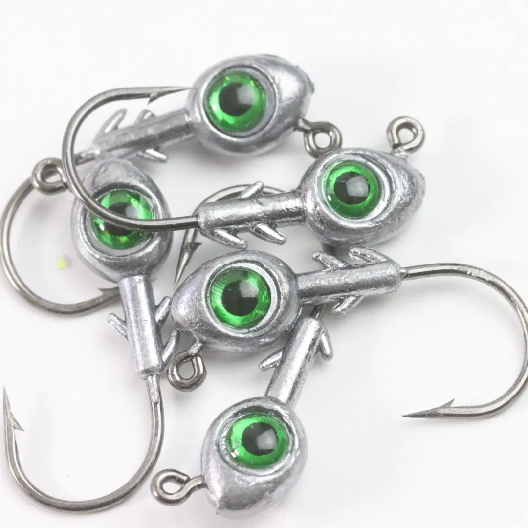 Cambrian Big Eye Fish Head Jig Hook with large painted eye in white, red, or green on a lead head, 5-14g