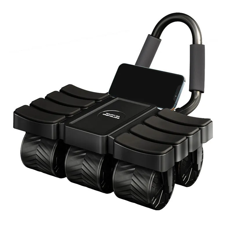 Six-wheel eight-elbow abdominal wheel with AI app in Knight Black, kneeling pad included, on a home gym floor